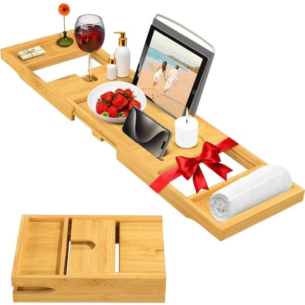 Bamboo Bathtub Tray Table - Collapsible Adjustable Caddy Natural Wood